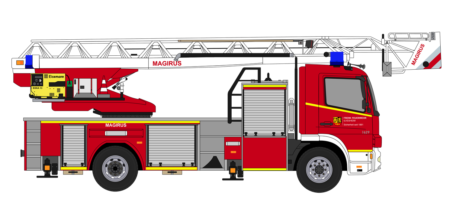 Drehleiter mit Korb DLK 18/12 der Feuerwehr Ilvesheim, Seitenansicht